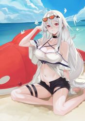 Rule 34 | 1girl, ahoge, arknights, black choker, black shorts, breasts, choker, cleavage, cloud, cloudy sky, day, eyewear on head, highres, inflatable orca, inflatable toy, large breasts, long hair, miyazaki-san (mmyyzk), navel, official alternate costume, red eyes, sand, shirt, shorts, skadi (arknights), skadi (waverider) (arknights), sky, solo, sunglasses, thigh strap, white shirt