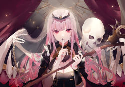 Rule 34 | 1girl, black cape, bracer, breasts, cape, cleavage, cleavage cutout, clothing cutout, finger to mouth, hair behind ear, halo, head tilt, hololive, hololive english, looking at viewer, mori calliope, open mouth, pink eyes, pink hair, see-through, see-through sleeves, single sleeve, skeleton, smile, solo, spikes, tiara, veil, virtual youtuber, yukisame