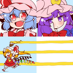 Rule 34 | &gt; &lt;, 3girls, aqua hair, ascot, blonde hair, bow, brush, closed eyes, crescent, eichi yuu, fang, flandre scarlet, hair bow, hair ornament, hair ribbon, hands up, hat, jitome, multiple girls, open mouth, paint, patchouli knowledge, pointy ears, purple eyes, purple hair, red eyes, remilia scarlet, ribbon, running, short hair, simple background, smile, touhou, wings
