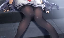 Rule 34 | 10s, 1girl, black gloves, black pantyhose, commentary request, dress, fingerless gloves, gloves, kantai collection, knees together feet apart, long hair, lower body, murakumo (kancolle), ohiya, pantyhose, sailor dress, silver hair, sitting, solo, thighband pantyhose, thighs