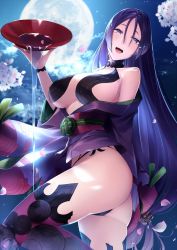 Rule 34 | 1girl, :d, alcohol, ass, bare shoulders, blush, bodysuit, breasts, cherry blossoms, cleavage, cosplay, cowboy shot, cup, fate/grand order, fate (series), fingerless gloves, full moon, gloves, highres, holding, holding cup, huge breasts, japanese clothes, kimono, koruta (nekoimo), large breasts, long hair, looking at viewer, low-tied long hair, minamoto no raikou (fate), moon, navel, night, off shoulder, open clothes, open mouth, outdoors, parted bangs, petals, pouring, purple eyes, purple hair, revealing clothes, sakazuki, sake, shuten douji (fate), shuten douji (fate) (cosplay), sky, smile, solo, star (sky), starry sky, thighs, very long hair