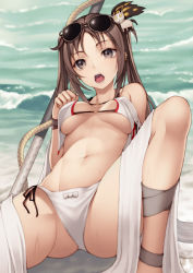 Rule 34 | 1girl, banned artist, bare shoulders, beach, bikini, blush, breasts, brown eyes, brown hair, cleavage, collarbone, earrings, eyewear on head, fate/grand order, fate (series), hair ornament, jewelry, knee up, kyoeiki, long hair, looking at viewer, medium breasts, multiple earrings, navel, open clothes, open mouth, polearm, robe, shore, solo, spear, spread legs, sunglasses, swimsuit, twintails, very long hair, weapon, white bikini, yu mei-ren (fate), yu mei-ren (swimsuit lancer) (fate)