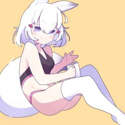 Rule 34 | 1girl, animal ears, cross (vgne4542), fang, fox ears, fox girl, fox tail, highres, looking at viewer, phase connect, purple eyes, simple background, skin fang, smile, solo, sports bra, tail, tenma maemi, thighhighs, virtual youtuber, white hair, white thighhighs
