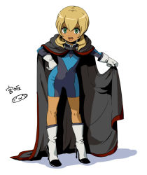 Rule 34 | 1boy, alternate costume, androgynous, bad id, bad pixiv id, blonde hair, bodysuit, boots, cape, dark emperors, full body, gloves, green eyes, high heels, inazuma eleven, inazuma eleven (series), long hair, male focus, miyasaka ryou, mizuhara aki, navel, open mouth, shoes, simple background, skin tight, soccer uniform, solo, sportswear, standing, tan, white background