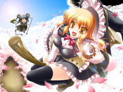 Rule 34 | 2girls, :d, :o, animal ears, basket, black legwear, blonde hair, blush, bow, breasts, broom, broom riding, cherry blossoms, cloud, day, dowsing rod, female focus, flying, glint, grey hair, hat, highres, kamiya tomoe, kirisame marisa, large breasts, lens flare, loafers, long hair, looking at viewer, mini-hakkero, mouse ears, multiple girls, nazrin, open mouth, petals, red eyes, shoes, short hair, sky, smile, star (symbol), sun, tail, thighhighs, touhou, wallpaper, witch hat, yellow eyes