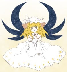 Rule 34 | blonde hair, crescent, dress, fairy, fairy wings, hat, luna child, moon, nonamejd, open mouth, ribbon, solo, touhou, wings, yellow eyes