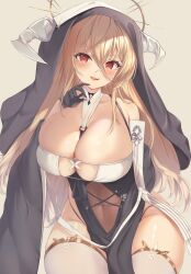 Rule 34 | 1girl, :q, azur lane, bare shoulders, between breasts, black dress, black gloves, blonde hair, breast cutout, breasts, cleavage, covered navel, dress, fake horns, gloves, grey background, habit, hair between eyes, highres, horns, huge breasts, implacable (azur lane), itaba atsushi, long bangs, long hair, looking at viewer, navel, nun, parted lips, pelvic curtain, red eyes, revealing clothes, see-through, simple background, skindentation, solo, thighhighs, tongue, tongue out, two-tone dress, veil, very long hair, white horns, white thighhighs