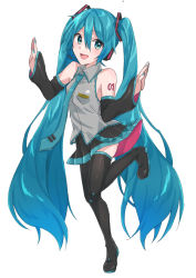 Rule 34 | 1girl, aqua eyes, aqua nails, aqua necktie, bare shoulders, black skirt, black sleeves, black thighhighs, blue hair, commentary, detached sleeves, full body, grey shirt, hair ornament, hands up, hatsune miku, headphones, headset, highres, leg up, long hair, looking at viewer, miniskirt, nail polish, necktie, open mouth, pleated skirt, shirt, shoulder tattoo, skirt, sleeveless, sleeveless shirt, smile, solo, standing, standing on one leg, supo01, tattoo, thighhighs, twintails, very long hair, vocaloid, white background, zettai ryouiki