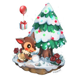 Rule 34 | 1girl, animal crossing, artist name, balloon, blush, blush stickers, box, brown coat, christmas ornaments, christmas tree, coat, commentary, deer girl, english commentary, eyelashes, fauna (animal crossing), faux figurine, flower, fur-trimmed coat, fur trim, furry, furry female, gift, gift box, grass, kneeling, nintendo, open mouth, plant, red flower, red rose, rock, rose, simple background, sleeveless, sleeveless coat, smile, snow, snowball, snowing, solo, sparkle, stepping stones, syertse, tree, white background, winter