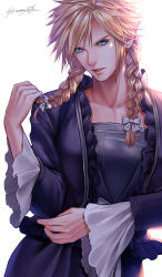Rule 34 | 1boy, blonde hair, bow, braid, cloud strife, crossdressing, dress, final fantasy, final fantasy vii, frills, highres, hiromyan, looking at viewer, male focus, playing with own hair, signature, simple background, solo, spiked hair, twin braids, wall market, white background
