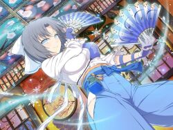 Rule 34 | 1girl, architecture, armor, blue eyes, blue hakama, blush, bow, breasts, ceiling, cherry blossom print, cryokinesis, dual wielding, east asian architecture, floral print, folding fan, frilled kimono, frills, grey hair, hair bow, hakama, hand fan, hip vent, holding, holding fan, ice, ice crystal, ice shard, indoors, japanese armor, japanese clothes, kimono, kote, large breasts, lattice, leaf print, looking at viewer, muneate, official art, paper fan, pouch, senran kagura, senran kagura new link, senran kagura shinovi versus, short hair, shouji, sliding doors, smile, snowflakes, solo, striped, striped bow, thighs, tile ceiling, tiles, white bow, white kimono, yaegashi nan, yumi (senran kagura)
