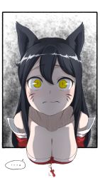 Rule 34 | ..., 1girl, absurdres, ahri (league of legends), animal ears, black hair, blush, breasts, cleavage, collarbone, downblouse, fox ears, fox girl, hanging breasts, highres, large breasts, league of legends, long hair, looking at viewer, motion lines, shadow, simple background, slit pupils, sweatdrop, thought bubble, upper body, white background, yellow eyes
