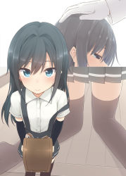 Rule 34 | 1boy, 1girl, admiral (kancolle), asashio (kancolle), black gloves, black hair, black skirt, blue eyes, blush, closed mouth, from below, gloves, half-closed eyes, headpat, highres, kantai collection, kneeling, light smile, long hair, looking at viewer, multiple views, nagami yuu, non-web source, pleated skirt, sidelocks, skirt, suspender skirt, suspenders, thighs, white gloves