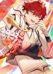 Rule 34 | 1boy, absurdres, aleo, amagi hiiro, arm up, artist name, black choker, blue eyes, character name, chinese commentary, choker, commentary request, dated, earrings, ensemble stars!, fingernails, hand up, happy birthday, headset, highres, jewelry, looking at viewer, male focus, midriff, open mouth, red hair, short hair, sleeveless, solo, teeth, upper body, upper teeth only