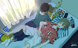 Rule 34 | 1boy, 1girl, bed, bed sheet, book, chips (food), closed eyes, cola, couple, crossed legs, curtains, food, futon, highres, holding, holding book, indoors, inika, lying, on back, on bed, on stomach, open mouth, original, phone, pillow, potato chips, reading, sleeping, spread legs