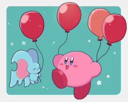 Rule 34 | :d, ^ ^, aqua background, balloon, blue eyes, blush, blush stickers, border, chiimako, closed eyes, elfilin, happy, holding, holding balloon, kirby, kirby (series), looking at another, nintendo, no humans, notched ear, open mouth, outside border, simple background, smile, star (symbol), white border