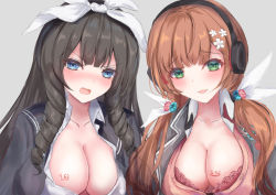 Rule 34 | 2girls, :3, absurdres, annoyed, blue eyes, blush, body writing, bow, bra, breasts, brown hair, cleavage, collarbone, drill hair, drill sidelocks, eyelashes, flower, girls&#039; frontline, green eyes, grey background, hair flower, hair ornament, headphones, highres, howa type 64 (girls&#039; frontline), howa type 89 (girls&#039; frontline), jacket, lace, lace-trimmed bra, lace trim, large breasts, long hair, looking at viewer, low twintails, martinreaction, multiple girls, open clothes, open jacket, open mouth, open shirt, orange hair, parted lips, red bra, sidelocks, simple background, smile, trait connection, twintails, underwear, upper body, white bow
