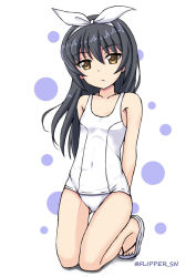 Rule 34 | 1girl, arms behind back, black hair, breasts, brown eyes, closed mouth, commentary, covered navel, flipper, frown, full body, girls und panzer, gluteal fold, hair ribbon, kneeling, legs, long hair, looking at viewer, one-hour drawing challenge, one-piece swimsuit, polka dot, polka dot background, reizei mako, ribbon, sandals, school swimsuit, shadow, small breasts, solo, swimsuit, thigh gap, twitter username, white background, white footwear, white one-piece swimsuit, white ribbon, white school swimsuit