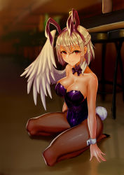 Rule 34 | 1girl, absurdres, alternate costume, animal ears, bare arms, bare shoulders, blurry, blurry background, blush, bow, bowtie, braid, breasts, c.rabbit, chair, cleavage, collarbone, commentary, covered navel, detached collar, fake animal ears, fake tail, feathered wings, fishnet pantyhose, fishnets, french braid, hair between eyes, hairband, highres, indoors, kishin sagume, large breasts, leotard, lips, looking at viewer, no shoes, pantyhose, playboy bunny, purple bow, purple bowtie, purple hairband, rabbit ears, rabbit tail, red eyes, reflection, seiza, shiny clothes, shiny skin, short hair, silver hair, single wing, sitting, smile, solo, tail, touhou, white wings, wing collar, wings