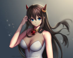Rule 34 | 1girl, adjusting hair, arm up, artist name, bare arms, blue eyes, breasts, brown hair, choker, cleavage, collar, collarbone, demon girl, dress, floating hair, gradient background, grey background, hand in own hair, horns, long hair, looking at viewer, mabong1989, original, parted lips, pham thai chau, see-through, simple background, sleeveless, sleeveless dress, solo, spiked collar, spikes, upper body, very long hair, watermark, web address, white dress
