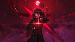 Rule 34 | 1girl, 1other, black coat, black gloves, blood, blood drop, blood on face, coat, cosplay, fog, glint, gloves, highres, holding, holding sword, holding weapon, katana, kcaf128, limbus company, looking at viewer, medium hair, moon, project moon, red eyes, red moon, red theme, ryoshu (project moon), serious, sheathing, slashing, standing, straight hair, sword, weapon, yujin (project moon), yujin (project moon) (cosplay)