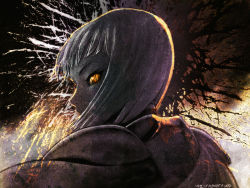 Rule 34 | 00s, back, cape, clare (claymore), claymore (series), grey hair, highres, looking back, solo, yellow eyes