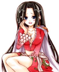 Rule 34 | 1girl, amazon lily, amazon warrior, black hair, blue eyes, boa hancock, breasts, cleavage, earrings, female focus, jacket, jewelry, long hair, looking at viewer, military, military uniform, navel, one piece, print skirt, red jacket, side slit, simple background, skirt, solo, uniform, white background