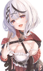 Rule 34 | 1girl, black collar, bow, breasts, camisole, cleavage, collar, frilled camisole, frills, grey hair, hair ornament, heart collar, heart pendant, highres, hololive, large breasts, looking at viewer, medium hair, multicolored hair, off-shoulder jacket, off shoulder, plaid, plaid bow, red eyes, red nails, sakamata chloe, samu (sam deg369), solo, streaked hair, virtual youtuber, white camisole, x hair ornament