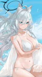 Rule 34 | 1girl, ahoge, alternate costume, animal ear fluff, animal ears, aura, bikini, black halo, blue archive, blue sky, blush, breasts, choker, closed mouth, cloud, commentary request, cross hair ornament, day, dema hmw, grey hair, hair between eyes, hair ornament, halo, highres, large breasts, long hair, looking at viewer, navel, ocean, shiroko (blue archive), shiroko terror (blue archive), side-tie bikini bottom, sky, smile, solo, swimsuit, white bikini, white choker