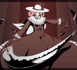 Rule 34 | 1girl, bow, brown background, brown dress, brown theme, dress, elly (touhou), female focus, hair over one eye, hat, high contrast, letterboxed, lotus land story, monochrome, ribbon, scythe, serene (gusarme), serene (pixiv66339), smile, solo, touhou, touhou (pc-98)