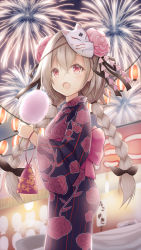 Rule 34 | 1girl, aerial fireworks, black ribbon, blue kimono, blush, braid, commentary request, cotton candy, fireworks, floral print, food, fox mask, hair between eyes, hair ribbon, highres, holding, holding food, japanese clothes, kimono, lantern, light brown hair, long hair, long sleeves, low twintails, market stall, mask, mask on head, night, night sky, nishina kakeri, open mouth, original, outdoors, paper lantern, print kimono, red eyes, ribbon, rose print, sky, solo, stand, star (sky), starry sky, striped clothes, striped kimono, summer festival, twin braids, twintails, vertical-striped clothes, vertical-striped kimono, very long hair, wide sleeves