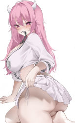 Rule 34 | 1girl, absurdres, ass, barefoot, breasts, clothes lift, crop top, emblem, hair between eyes, haku (liiixixixiii), highres, horns, large breasts, lifted by self, long hair, looking at viewer, miniskirt, mouth hold, original, panties, pink eyes, pink hair, pleated skirt, shirt, side-tie panties, simple background, skirt, skirt lift, solo, thighs, underwear, white background, white panties, white shirt, white skirt