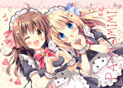 Rule 34 | 2girls, :o, ;d, ahoge, apron, artist name, blonde hair, blue bow, blue eyes, blush, bow, bowtie, brooch, brown eyes, brown hair, chestnut mouth, commentary request, dress, frilled apron, frilled cuffs, frills, hair bow, hair ornament, heart, heart hair ornament, heart hands, jewelry, long hair, looking at viewer, maid, maid headdress, moe moe kyun!, multiple girls, one eye closed, open mouth, original, pan (mimi), pink bow, puffy short sleeves, puffy sleeves, short sleeves, smile, waist apron, wrist cuffs