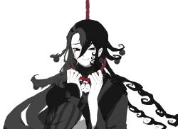 Rule 34 | 1boy, absurdres, androgynous, ashiya douman (fate), asymmetrical clothes, asymmetrical hair, bell, black eyes, black hair, blood, bloody tears, crying, crying with eyes open, earrings, eyelashes, eyeshadow, fate/grand order, fate (series), fingernails, green eyeshadow, grin, hair intakes, highres, holding, holding rope, japanese clothes, jewelry, jitome, kimono, limited palette, magatama, magatama earrings, makeup, male focus, multicolored hair, noose, paraphilia moko, ribbed sleeves, rope, sad smile, smile, tears, trap, two-tone hair, wavy mouth, white background