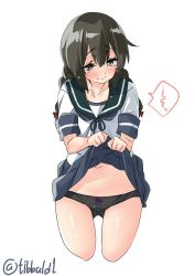 Rule 34 | 10s, 1girl, bad id, bad twitter id, black eyes, black hair, black panties, blue skirt, blush, bow, bow panties, braid, closed mouth, clothes lift, cowboy shot, cropped legs, ebifurya, hair between eyes, hair bow, highres, inactive account, isonami (kancolle), kantai collection, lifting own clothes, long hair, looking at viewer, navel, panties, pleated skirt, purple bow, red bow, school uniform, serafuku, short sleeves, simple background, skirt, skirt lift, solo, speech bubble, stomach, tears, twin braids, twitter username, underwear, white background