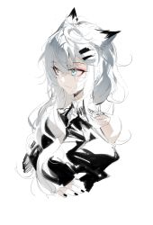 Rule 34 | 1girl, animal ears, antenna hair, arknights, bare shoulders, black dress, black nails, closed mouth, crossed arms, dress, hair between eyes, hair ornament, hairpin, highres, lappland (arknights), long hair, meng ziya, nail polish, scar, scar across eye, scar on face, simple background, smile, solo, white background, white eyes, white hair, wolf ears, wolf girl