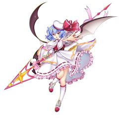Rule 34 | 1girl, adapted costume, bat wings, blue hair, frilled skirt, frills, full body, hat, hat ribbon, high heels, highres, holding, holding weapon, looking at viewer, open mouth, polearm, red eyes, red ribbon, remilia scarlet, remilia scarlet (magical girl of scarlet stars), ribbon, ribbon-trimmed skirt, ribbon trim, rotte (1109), short hair, simple background, skirt, socks, solo, spear, third-party source, touhou, touhou lostword, weapon, white background, white hat, white skirt, white socks, wings