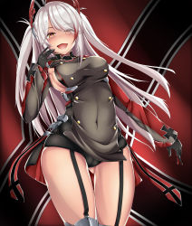 Rule 34 | 1girl, :d, absurdres, azur lane, black gloves, black panties, blush, breasts, brown eyes, contrapposto, covered navel, flag background, garter straps, gloves, gluteal fold, heart, heart-shaped pupils, highres, kana616, large breasts, long hair, long sleeves, looking at viewer, mole, mole on breast, multicolored hair, nose blush, open mouth, panties, prinz eugen (azur lane), red hair, silver hair, smile, solo, standing, streaked hair, swept bangs, symbol-shaped pupils, two side up, underwear, very long hair