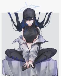 Rule 34 | 1girl, absurdres, baseball cap, black footwear, black hat, black shirt, blue archive, blue hair, boots, breasts, closed mouth, coat, crop top, dark blue hair, expressionless, grey background, grey eyes, hat, highres, long arms, long hair, looking at viewer, medium breasts, midriff, saori (blue archive), shirt, sidelocks, sleeveless, sleeveless shirt, solo, swept bangs, thigh boots, vivo (vivo sun 0222), white coat