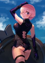Rule 34 | 1girl, absurdres, ass, breasts, closed mouth, cloud, day, elbow gloves, fate/grand order, fate (series), gloves, hair over one eye, highres, katsu (katsupainter), looking at viewer, mash kyrielight, purple eyes, purple hair, short hair, smile, solo
