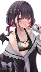 Rule 34 | 1girl, asahi beer, asahi breweries, beer can, bikini, black bikini, black hair, black shirt, blouse, blunt bangs, blush, bow, breasts, can, cleavage cutout, clothing cutout, collar, collarbone, colored inner hair, demon wings, drink can, fang, frilled collar, frills, grey bow, hair bow, heart, heart cutout, heart necklace, heart o-ring, heart ring top, highres, holding, holding can, indie virtual youtuber, jewelry, looking at viewer, low twintails, medium breasts, medium hair, multicolored hair, nail polish, necklace, nose blush, off shoulder, open clothes, open mouth, open shirt, pink eyes, pink hair, pink nails, plaid, plaid bow, rikotan, rikotan (vtuber), shirt, simple background, skin fang, solo, swimsuit, twintails, virtual youtuber, white background, wings