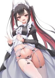 Rule 34 | 1girl, @ @, absurdres, alternate costume, azur lane, black dress, black hair, breasts, clothes lift, colored inner hair, commentary request, dress, dress lift, enmaided, fang, frills, garter straps, hatsuzuki (azur lane), highres, licking lips, lifting own clothes, long hair, looking at viewer, maid, maid headdress, multicolored hair, navel, open mouth, panties, qian hen, red eyes, red hair, sidelocks, skin fang, small breasts, solo, thighhighs, tongue, tongue out, twintails, underwear, v, white background, white panties, white thighhighs