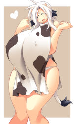 Rule 34 | 1girl, ahoge, animal ears, animal print, bare shoulders, breasts, closed eyes, covered erect nipples, cow ears, cow girl, cow print, cow tail, female focus, gigantic breasts, heart, horns, open mouth, panties, simple background, solo, standing, tail, thighs, uccow, underwear, white hair, white panties, wide hips