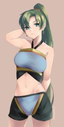 Rule 34 | 1girl, absurdres, arm behind head, breasts, earrings, fire emblem, fire emblem: the blazing blade, fire emblem warriors, green eyes, green hair, highres, jewelry, long hair, lyn (fire emblem), medium breasts, midriff, navel, nintendo, parted lips, ponytail, simple background, skeptycally, solo, twitter username, underwear