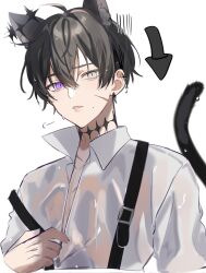 Rule 34 | 1boy, a20190422, animal ears, arrow (symbol), black hair, cat boy, cat ears, cat tail, collared shirt, copyright request, grey eyes, heterochromia, highres, male focus, multiple piercings, neck tattoo, purple eyes, shirt, short hair, simple background, solo, tail, tattoo, white background, white shirt