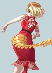 Rule 34 | 1girl, absurdres, alternate costume, bare arms, blonde hair, commentary, dress, from behind, giant pangolin (kemono friends), grey background, hat, highres, kemono friends, long dress, looking away, pangolin ears, pangolin tail, red dress, red footwear, shoes, short hair, short sleeves, simple background, solo, tail, tanabe (fueisei)