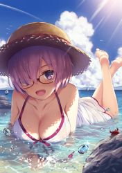 Rule 34 | 1girl, bare shoulders, barefoot, bikini, bikini top only, bird, blue sky, breasts, cleavage, cloud, cloudy sky, collarbone, crab, day, fate/grand order, fate (series), glasses, hair over one eye, hat, large breasts, looking at viewer, lying, mash kyrielight, mash kyrielight (swimsuit of perpetual summer), official alternate costume, on stomach, ouka (ra-raradan), outdoors, purple eyes, purple hair, short hair, sky, smile, solo, straw hat, summer, sunlight, swimsuit, the pose, water, water drop, white bikini