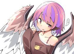 Rule 34 | 1girl, animal ears, bird ears, bird wings, blush, bra strap, brown eyes, brown shirt, clothes writing, collarbone, commentary request, jagabutter, mystia lorelei, off-shoulder shirt, off shoulder, open mouth, pink hair, shirt, short hair, simple background, sleeves past wrists, solo, speech bubble, tears, touhou, translation request, upper body, white background, white wings, wings