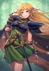 Rule 34 | 1girl, armor, blonde hair, blue cape, cape, circlet, cowboy shot, deedlit, dress, elf, forest, green dress, green eyes, highres, kuroi susumu, long hair, long pointy ears, looking at viewer, nature, outdoors, pauldrons, pointy ears, record of lodoss war, scabbard, sheath, sheathed, short dress, shoulder armor, sleeveless, sleeveless dress, smile, solo, standing, sword, weapon