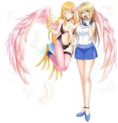 Rule 34 | 2girls, absurdres, animal feet, animal hands, benchen06, bird tail, blonde hair, blue footwear, blue skirt, blush, breasts, card, claws, duel monster, feathered wings, feathers, green eyes, hair ornament, harpie girl (yu-gi-oh!), harpy, heart, heart hair ornament, highres, large breasts, long hair, monster girl, multiple girls, one eye closed, pantyhose, pink eyes, pink feathers, pink legwear, pink wings, single leg pantyhose, single thighhigh, skirt, sleeveless, smile, tail, thighhighs, white background, winged arms, wings, yu-gi-oh!